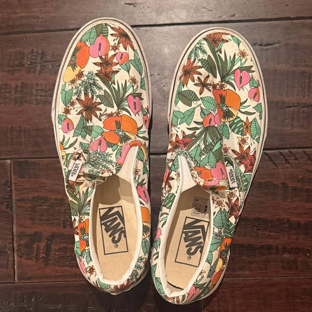 Vans Floral Canvas Slip-On Sneakers in Green, Pink, Orange and Cream